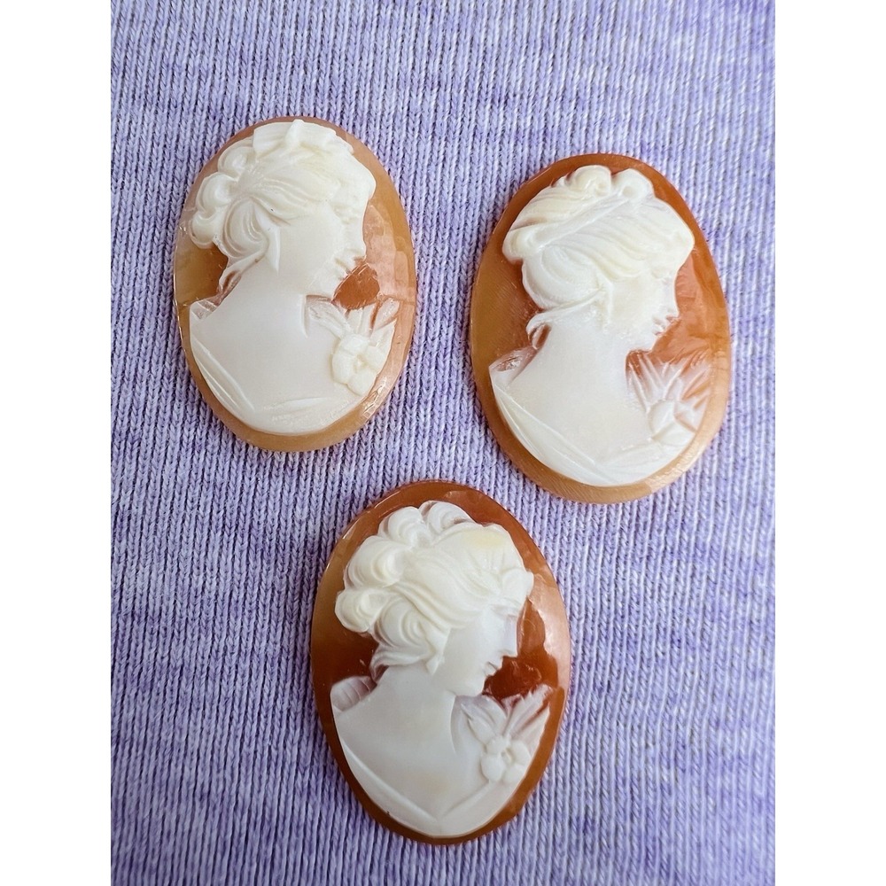 Vtg Hand Carved Shell Cameos (3) Loose Oval Lady Portrait 3 Right Facing
